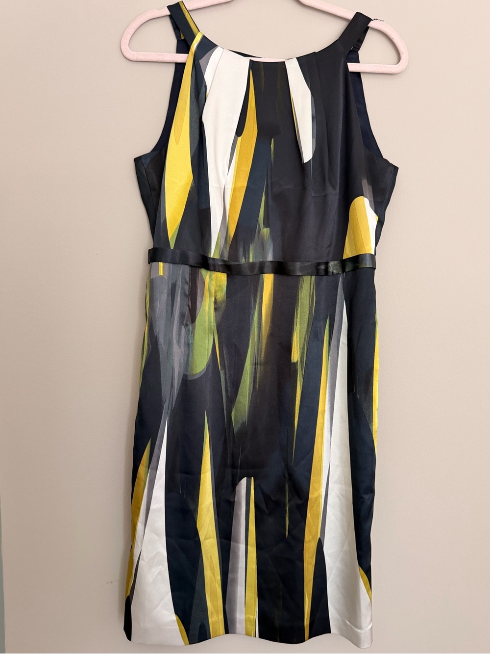 Tahari Sleeveless Abstract Print Midi Dress in Black, Yellow, Green & White